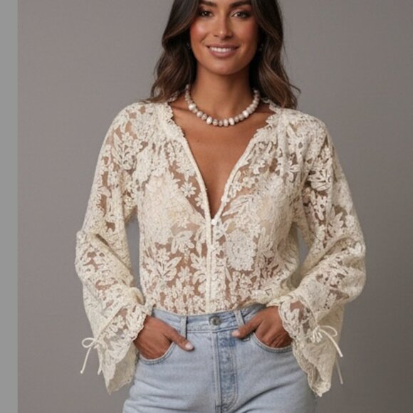 By Design Tops - Boho Embroidered Lace Sheer Blouse Beige